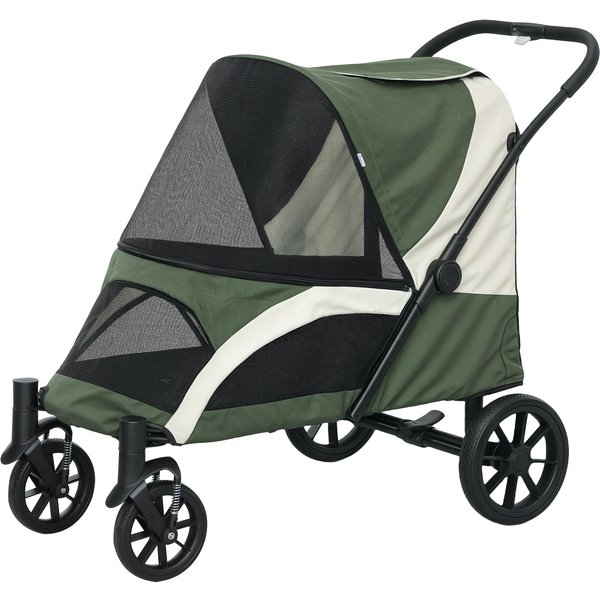 Pawhut Chariot Pour Chien, Chariot Pour Chien Pliable Pour Grands Chiens, Chariot Pour Animaux De Compagnie Avec 4 Roues, Laisses De SéCurité, Freins, Vert Foncé-image