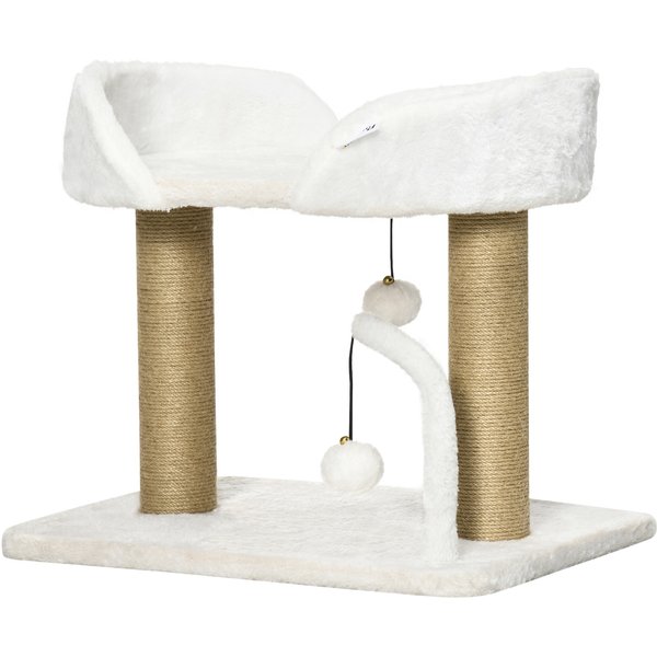 PawHut Design Kratzbaum mit Spielzeug 2 hängende Bommel 2 Sisalstämmen + Plattform aus Plüsch - 48 x 38 x 42 cm - Sisal Beige Aosom