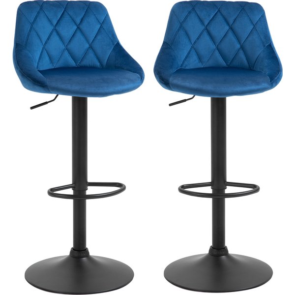 Homcom Set 2 Tabourets De Bar, Hauteur RéGlable Avec Base En MéTal Et Assise En Velours, Tabourets Modernes Avec Dossier Et Repose-Pieds, 46X48X83-104Cm, Bleu-image