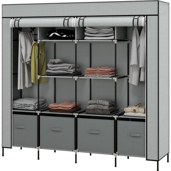 Homcom Armoire En Tissu Dressing, Portes, 2 Tringles à VêTements, 10 Compartiments, Gris-image