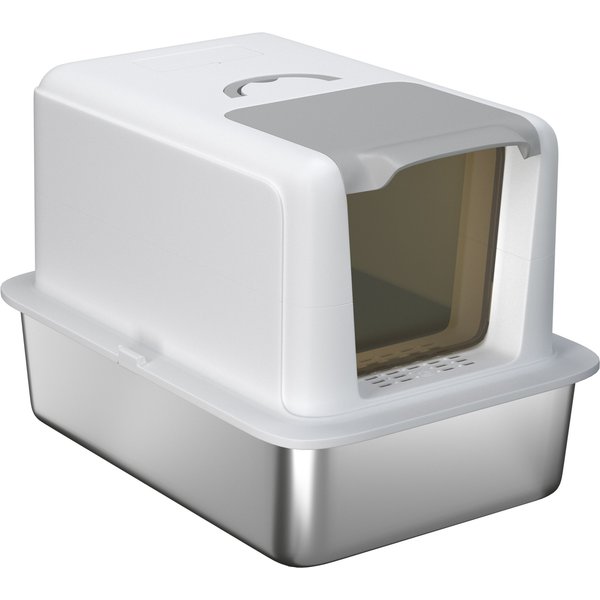 Pawhut LitièRe Pour Chat, Bac En Acier Inoxydable, Filtre, Pelle, Pour Chats Jusqu'à 6 Kg, 40,5 X 60,5 X 41,5 Cm, Blanc/Argent-image