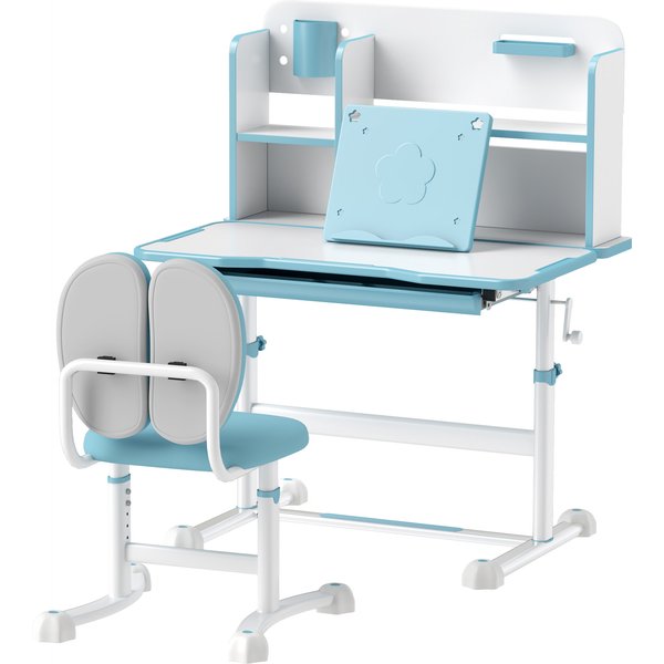 Aiyaplay Set Bureau Et Chaise Pour Enfants RéGlables, Banc D'ÉCole Avec Plan Inclinable, Tiroir, ÉTagèRe, Bleu-image