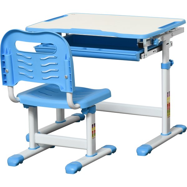 Homcom Banc D'ÉCole Pour Enfants 6-12 Ans Avec Chaise RéGlable, Tiroir Et Plateau Inclinable, 66X47X52-77 Cm, Bleu-image
