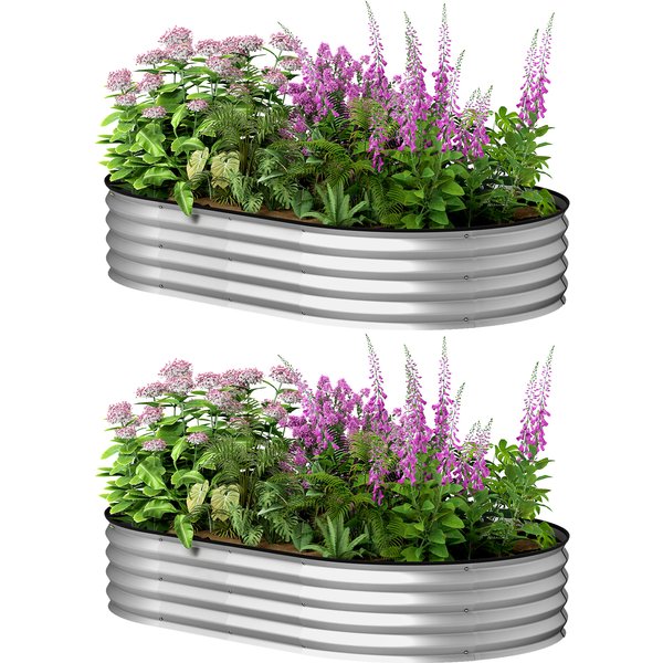 Outsunny Set aus 2 erhöhten, verzinkten Stahl-Pflanzkästen, Gartenbett-Kit, Gummiumrandung und offener Boden, für Gemüse, Obst, Blumen, 152 x 91 x 30 cm, Silber Aosom
