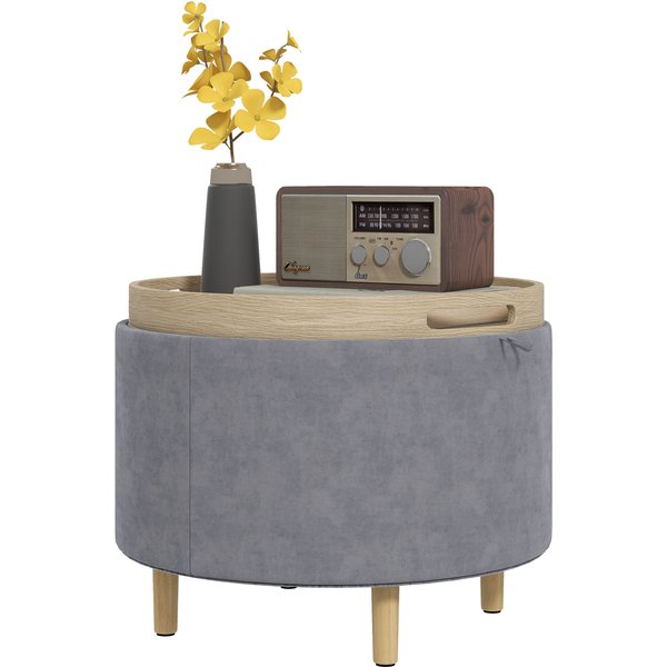 HOMCOM Aufbewahrungshocker aus Samt mit 120 kg max mit Umklappbarem Tablett, Couchtisch aus MDF und Eiche mit Verstecktem Stauraum, 56x56x42 cm, Grau Aosom