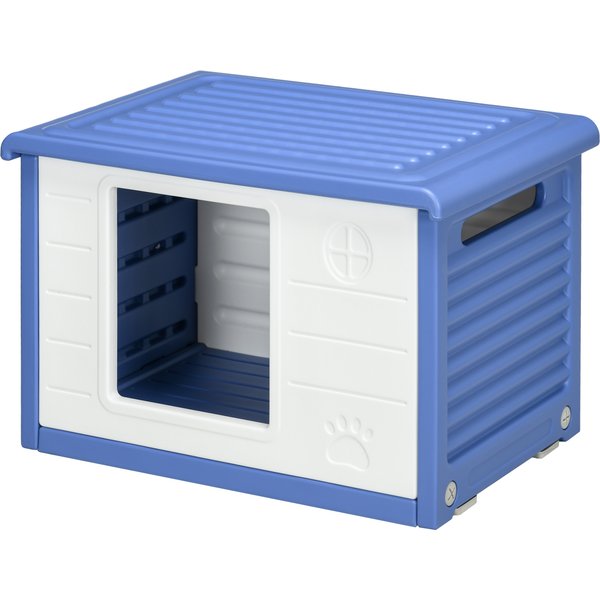 PawHut Hundehütte draußen Hundehütte für Welpen aus Kunststoff Hundehaus mit Belüftungsöffnungen wasserdicht dim. 60L x 42B x 40H cm blau und weiß Aosom