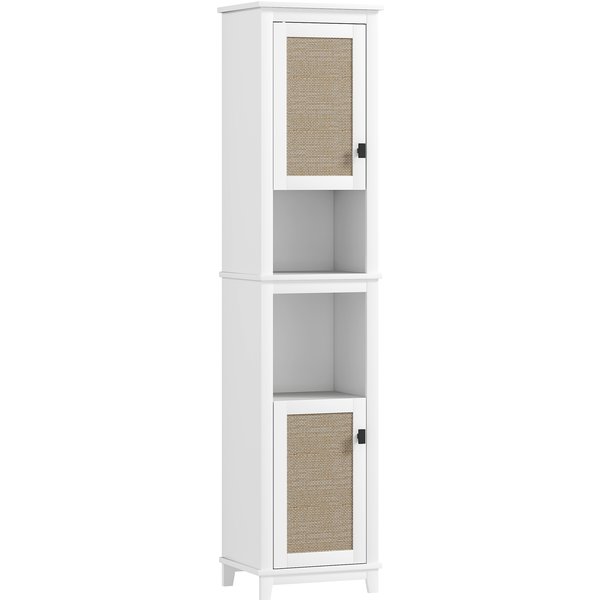 Homcom Colonne De Salle De Bain Avec ÉTagèRes Ajustables 2 Portes Avec FaçAde En Rotin Et 2 Compartiments 40X30X167,5 Cm Blanc-image