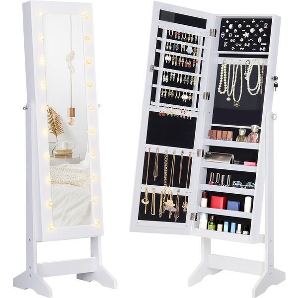 HOMCOM Schmuckschrank Schmuckkoffer Verstellbarer Spiegel 20 LED-Lichter, Holz, Weiß, 40x37x146 cm Aosom