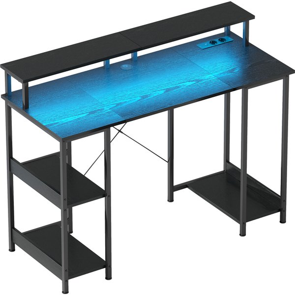 HOMCOM Computerschreibtisch mit reversiblen Regalen, 120x50 cm Büroschreibtisch mit Steckdosen und LED-Lichtern, PC-Tisch mit doppeltem Monitorständer, Schwarz Aosom