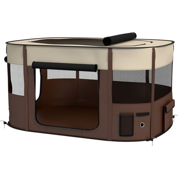 PawHut Hundepark aus Oxford-Gewebe, Welpenpark, Outdoor-Gehege für Tiere, mit integrierten Aufbewahrungstaschen, faltbarer Gehege für Hunde Welpen, 114 x 89 x 59 cm, cremefarben und braun Aosom