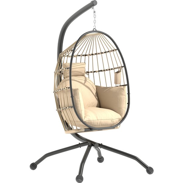 Outsunny Fauteuil Oeuf Suspendu, IntéRieur Et ExtéRieur, Panier Pliable, Coussin Rembourré, Cadre En Acier, Beige-image