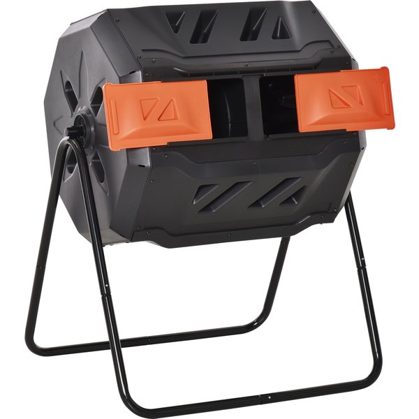 Outsunny 160L Tumbling Compost Bin Outdoor Dual Chamber 360° Rotating Composter, Garden Compost Bin w/ Sliding Doors & Solid Steel Frame, Orange