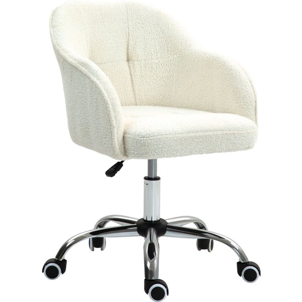 HOMCOM Swivel Armchair withTall Back, Teddy Fleece Office Chair, Makeup Vanity Chair with Height Adjustable, Wheels, Cream White Aosom UK
