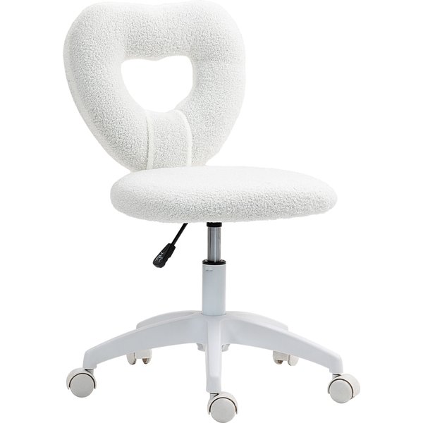 HOMCOM Armless Heart Computer Desk Chair, Teddy Fleece Swivel Office Chair, Makeup Vanity Chair with Height Adjustable, Wheels, for Home Study Bedroom, White