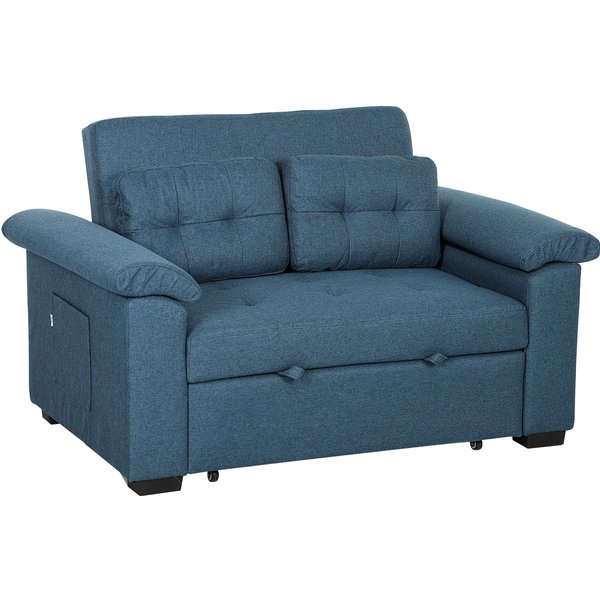 HOMCOM Pull Out Sofa Bed, Fabric 2 Seater Click Clack Sofa Bed Settee, Convertible Sofa Couch with 2 Pillows and Side Pockets for Living Room, Scratch Resistant, Blue