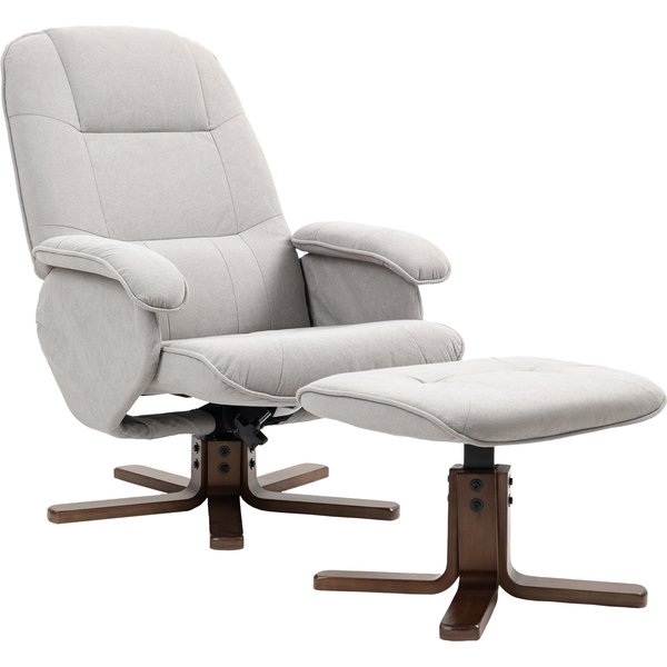 HOMCOM Linen Swivel Recliner Chair with Footstool, Upholstered Reclining Armchair with Wooden Base for Living Room, Light Grey