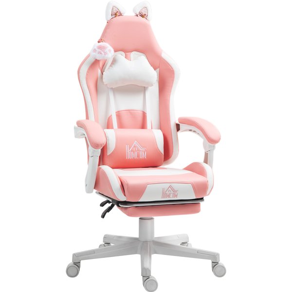 HOMCOM Cat Ear and Paw Reclining Office Chair, with Footrest - Pink/White | Aosom Ireland