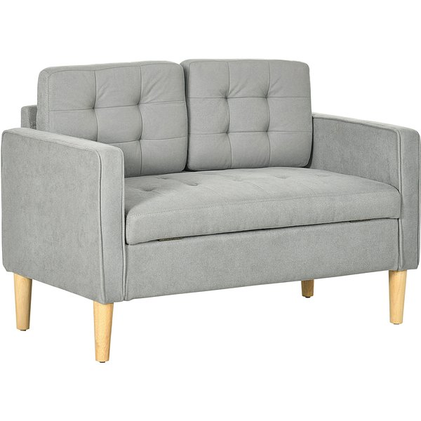 HOMCOM Modern 2 Seater Sofa with Hidden Storage, 117cm Tufted Cotton Couch, Compact Loveseat Sofa with Wood Legs, Light Grey