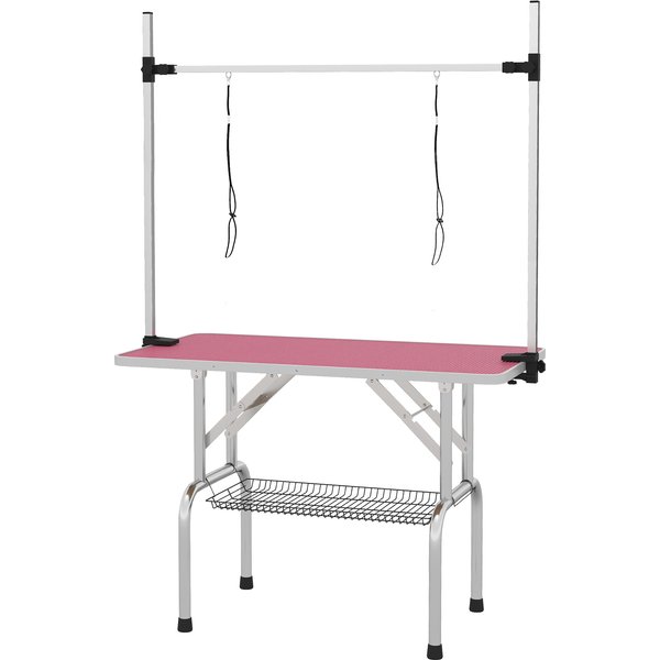 PawHut 42" Dog Grooming Table, Adjustable Pet Cat Drying Beauty Table with 2 Loops Storage Basket, Rubber Top, Pink | Aosom Ireland