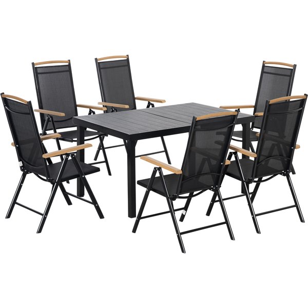 Outsunny Salon De Jardin ExtéRieur 6 Personnes, Cadre En Aluminium, Table 140 Cm, 6 Chaises Pliables Et Inclinables, Noir-image