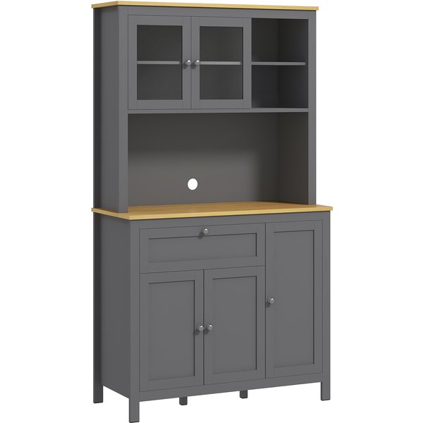 Homcom Armoire De Cuisine Buffet Cuisine 5 Portes Dont 2 Portes VitréEs Et 1 Tiroir, 1 Niche Centrale - Hauteur 180 Cm Gris-image