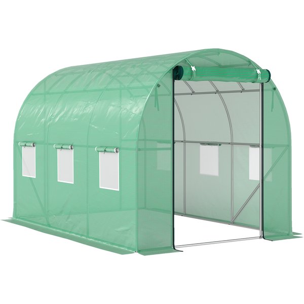 Outsunny Serre Tunnel De Jardin 3 X 2 X 2 M Avec Porte Enroulable Et Grandes FenêTres, En Acier Galvanisé Et Pe, Vert-image