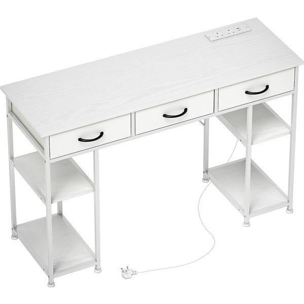 HOMCOM 120cm Computer Desk with Power Outlets, Office Desk Study Table with 3 Fabric Drawers and 4 Storage Shelves, White