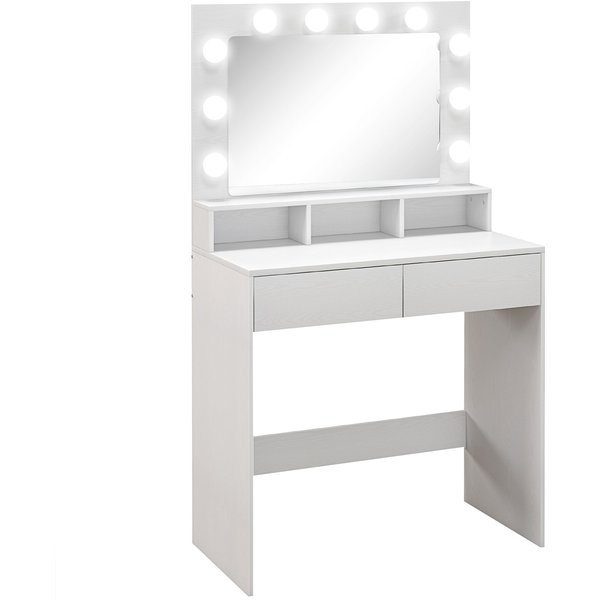 Homcom Coiffeuse Avec Miroir Hollywood, Tiroirs, 3 Modes D'éClairage, 10 Ampoules, 80 X 40 X 135 Cm, Blanc-image