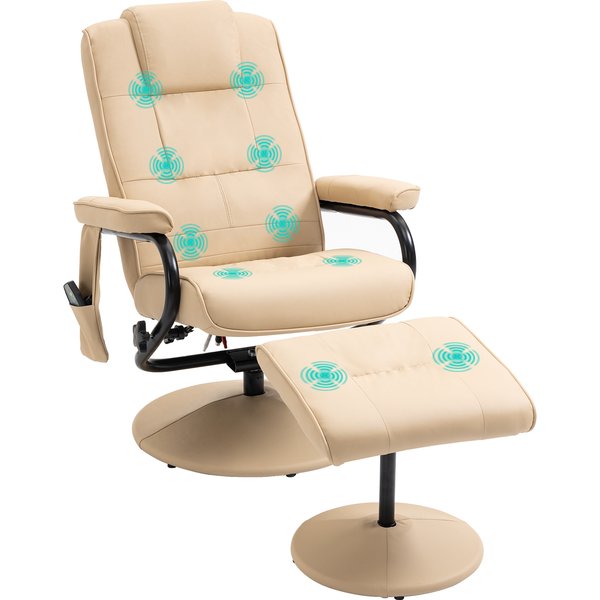 HOMCOM Relaxliege mit Liegefunktion, Massagesessel, Fernsehsessel, TV Sessel mit Massagefunktion, Hocker, Kunstleder, Cremeweiß, 77x84x95cm Aosom