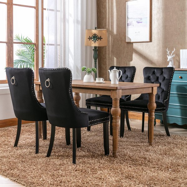 Set of 4 Velvet Upholstered Dining Chairs with Button Tufted Backrest, Solid Wood Legs, Suitable for Dining Room, 50L x 64W x 96H cm, Black Aosom.UK