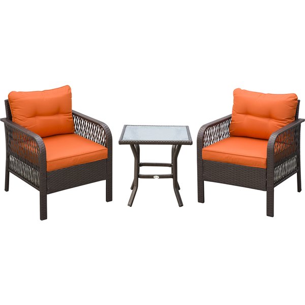 Outsunny 3 Pieces Patio PE Rattan Bistro Set, Outdoor Wicker Coffee Table Armrest Chairs Thick Padded Conversation Furniture for Garden Orange
