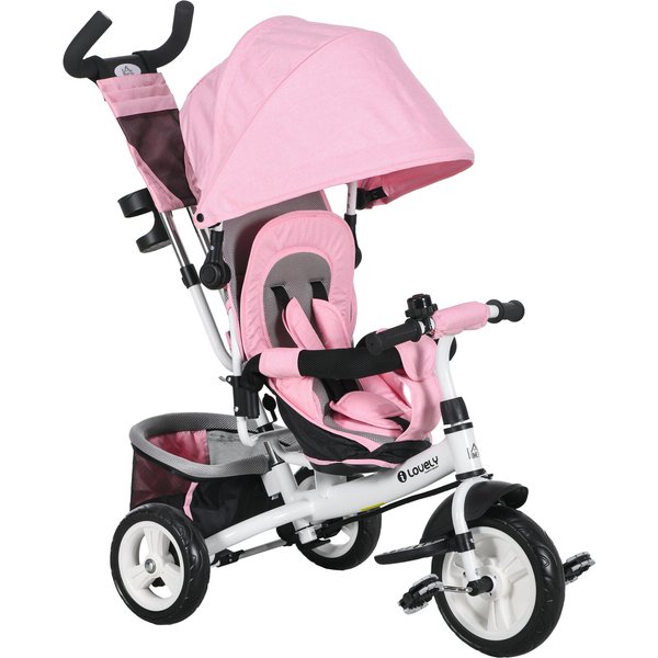 HOMCOM 4 in 1 Kids Trike Push Bike w/ Push Handle, Canopy, 5-point Safety Belt, Storage, Footrest, Brake, for 1-5 Years, Pink Aosom UK
