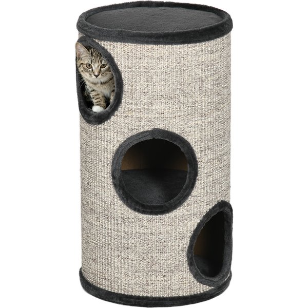 PawHut Kratztonne Plüschdesign 3 Ebenen mit 3 Höhlen und Sisalseil Kratzfläche 38 x 38 x 70 cm Grau für Katzen Aosom.de