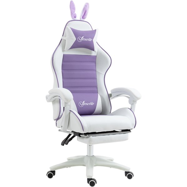 Vinsetto Gaming Stuhl Ergonomischer Gamer Stuhl mit Lendenwirbelstütze, Fußstütze, Gaming Sessel mit Hasenohren, Kopfkissen, Bürostuhl mit Verstellbare Rückenlehne Liegefunktion Violett Aosom