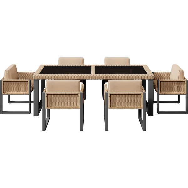 Rattan Tisch- und Stuhlset,mit 1 Tisch und 6 Stühle, Tischplatte aus Gehärtetem Glas, Braun+Schwarz