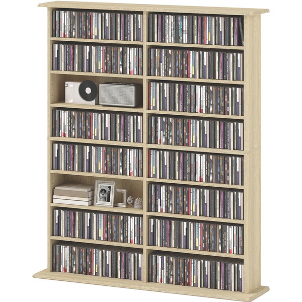 HOMCOM CD- und DVD-Aufbewahrung, Multimedia-Aufbewahrungsregal mit 16 Fächern und 12 verstellbaren Regalen, max. Kapazität 720 CD/396 DVD und Blu-ray, 106,5 x 24 x 123,7 cm, Naturholz Aosom