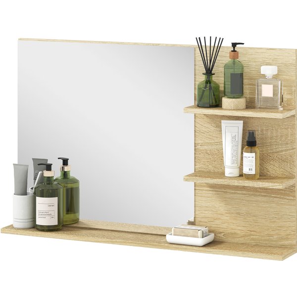 kleankin Badezimmerspiegel Modern mit 2 Seitlichen Regalen und Unterem Regal, Wandspiegel aus MDF und Glas, 75x10x48 cm, Holzfarbe Aosom