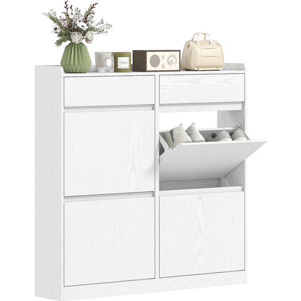 HOMCOM Schuhschrank für 8 Paare, schmaler Schuhschrank für den Eingangsbereich mit 2 Schubladen und 4 klappbaren Schubladen, für Flur und Eingang, 98 x 19,2 x 95,3 cm, weiß Aosom