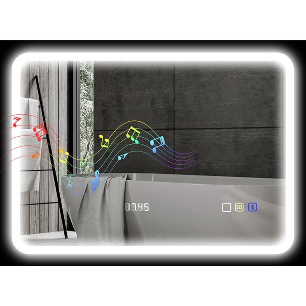 HOMCOM Badezimmerspiegel mit LED-Licht 70x50 cm Wandspiegel mit Bluetooth 3 Lichtfarben Digitaluhr Anti-Beschlag-Funktion Speicherfunktion Touch-Steuerung IP44 Aosom
