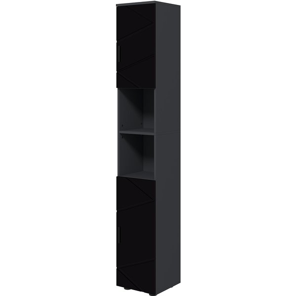 Kleankin Badezimmerschrank aus Spanplatte mit 2 offenen Regalen und 2 verstellbaren Schränken mit 2 Ebenen, 30x30x183 cm, Schwarz und Dunkelgrau Aosom