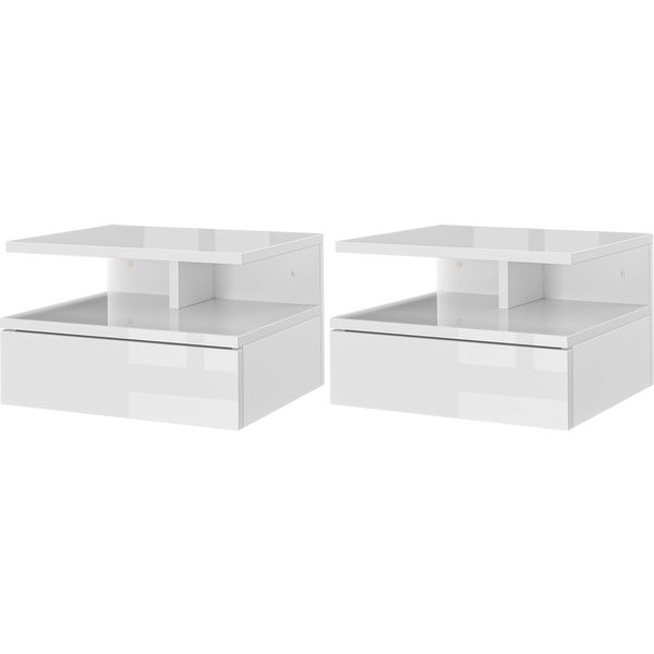 HOMCOM Set aus 2 Schwebenden Nachttischen für Schlafzimmer, Moderne Nachttische mit Schublade und oberem Regal aus Holz, 35x32x22.5cm, Hochglanz Weiß Aosom