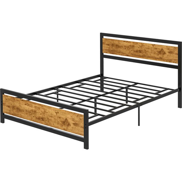 HOMCOM Einzelbettgestell aus Holz und Stahl 147x208x103cm mit integrierten Lattenrosten und Industriedesign Kopf- und Fußteil, Schwarz und Rustikales Braun Aosom
