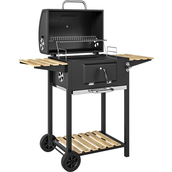 Outsunny Barbecue Charbon De Bois RéGlable En Hauteur Avec Grille, Couvercle, ThermomèTre, éTagèRes, Roues Et DéCapsuleur, Noir-image