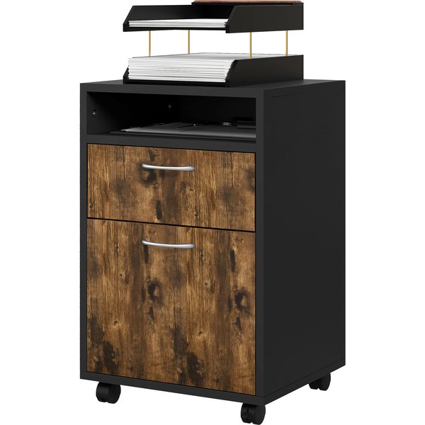 HOMCOM Rollcontainer fürs Büro mit offenem Regal und 2 Schubladen, Büromöbel aus Holz und Metall, 40x35x60 cm, Braun und Schwarz Aosom