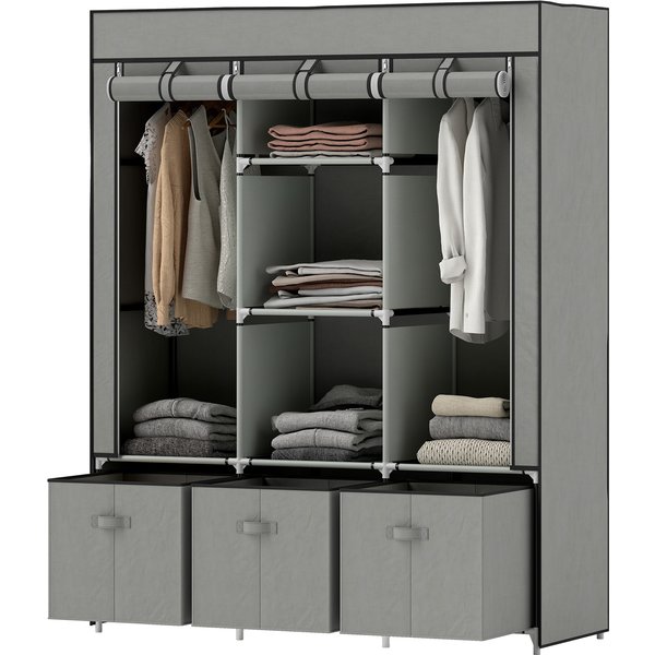 HOMCOM Kleiderschrank Stoffschrank mit Kleiderstange, Schubladen, Reißverschluss Faltschrank für Schlafzimmer, Ankleidezimmer, 125 x 43 x 162,5 cm, Hellgrau Aosom
