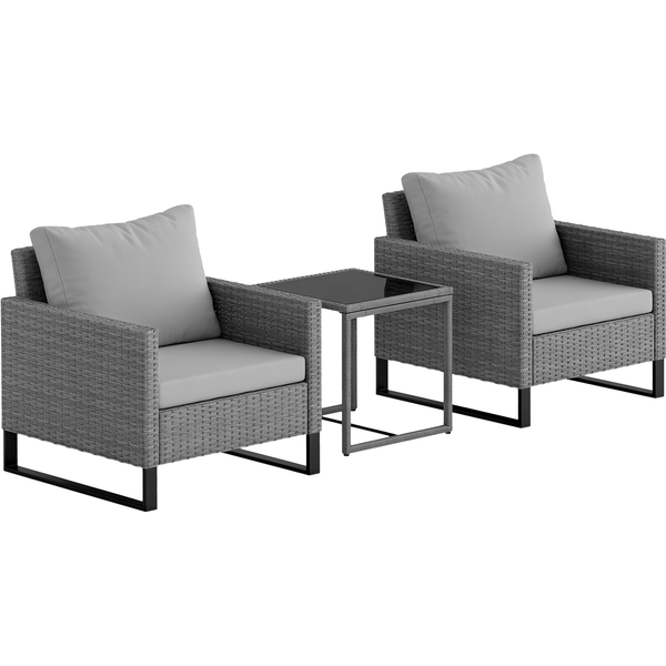 Outsunny 3 Pieces Rattan Bistro Set with 4 Cushions, Wicker Garden Furniture Set, Glass Top Coffee Table and Chairs for Outdoor Patio, Balcony, Terrace and Conservatory, Grey