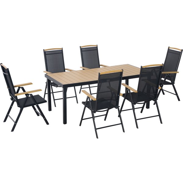 Outsunny Salon De Jardin ExtéRieur 6 Personnes, Cadre En Aluminium, Table 190 Cm, 6 Chaises Pliables Et Inclinables, Noir-image