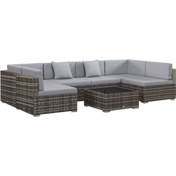 Outsunny 7 Pcs PE Rattan Garden Furniture Set w/ Thick Padded Cushion, Patio Corner Sofa Sets w/ Glass Coffee Table & Pillows, Mixed Grey Aosom UK