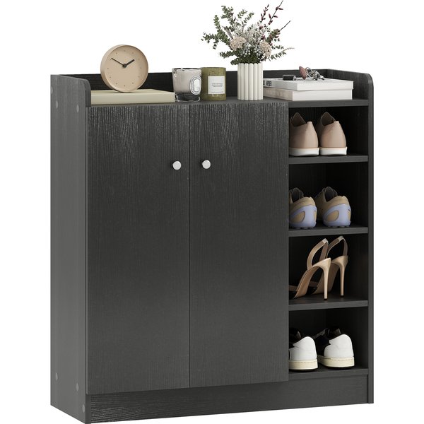 Homcom Meuble De Rangement à Chaussures Pour EntréE Avec 4 Compartiments Ouverts Et Placard Double Porte éTagèRe RéGlable 83L X 30L X 90H Cm Noir-image