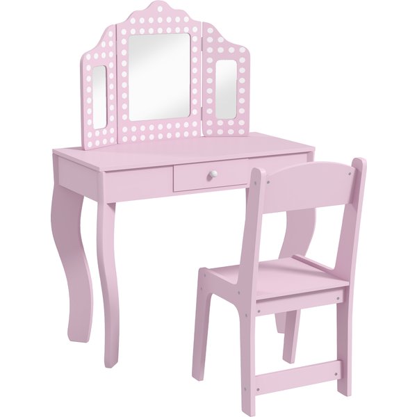AIYAPLAY Kids Dressing Table Sets with Stool and Tri-Fold Mirror, Drawer for Playroom, Bedroom - Pink Aosom UK